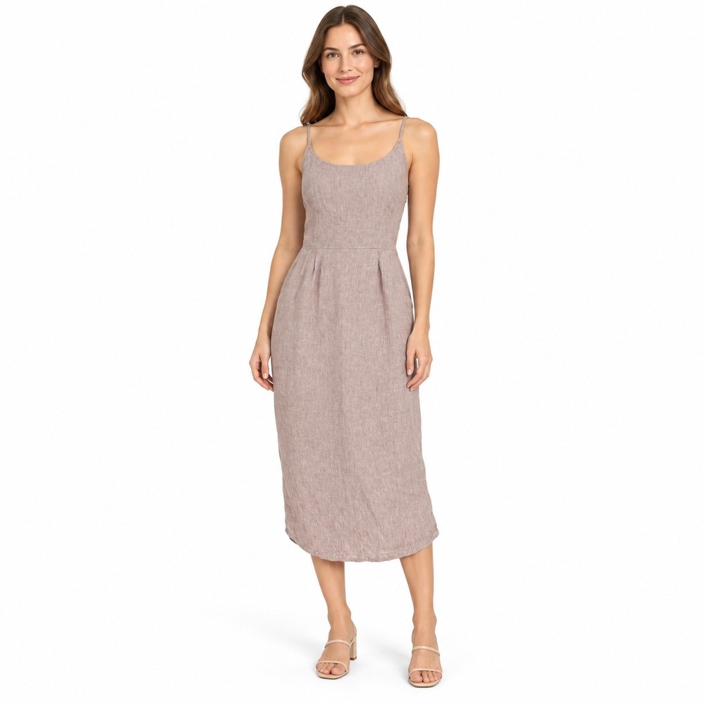 Quince Womens Small Mauve Pink Linen Blend Smocked Midi Dress Sleeveless Pockets